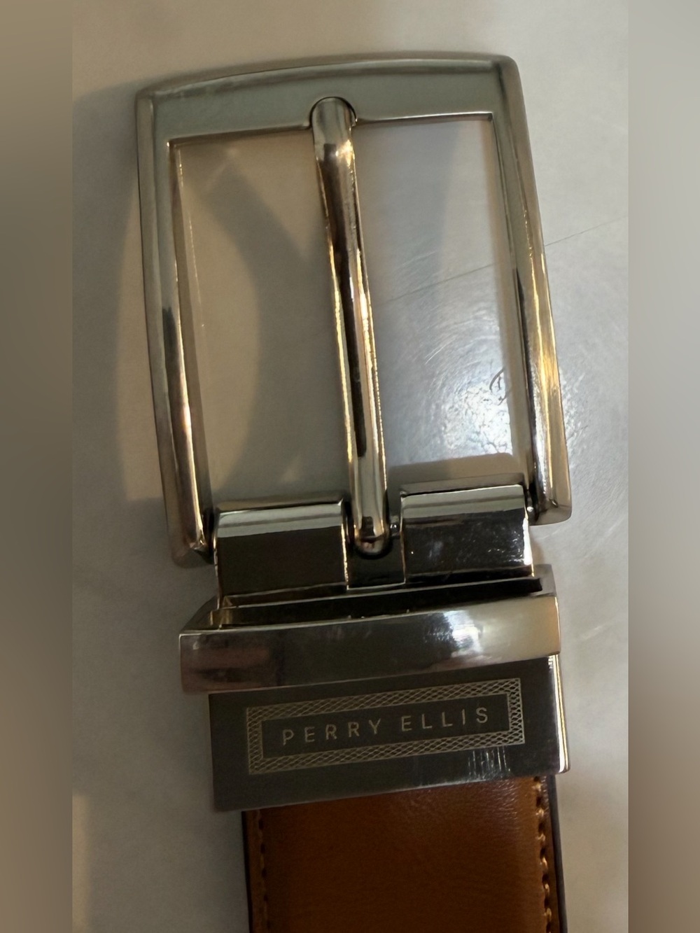 Perry Ellis 42 Bonded Leather Belt Brown Silver Buckle Classic Dress Casual Men